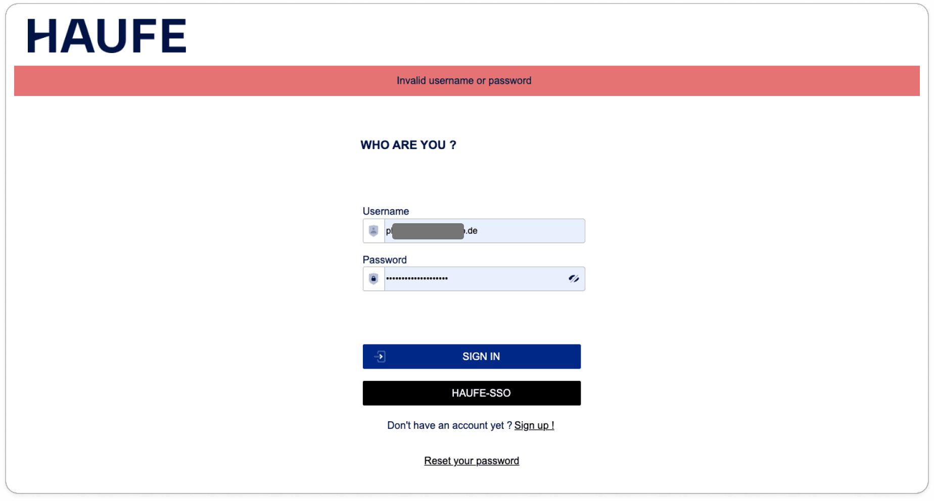 Invalid username or password error